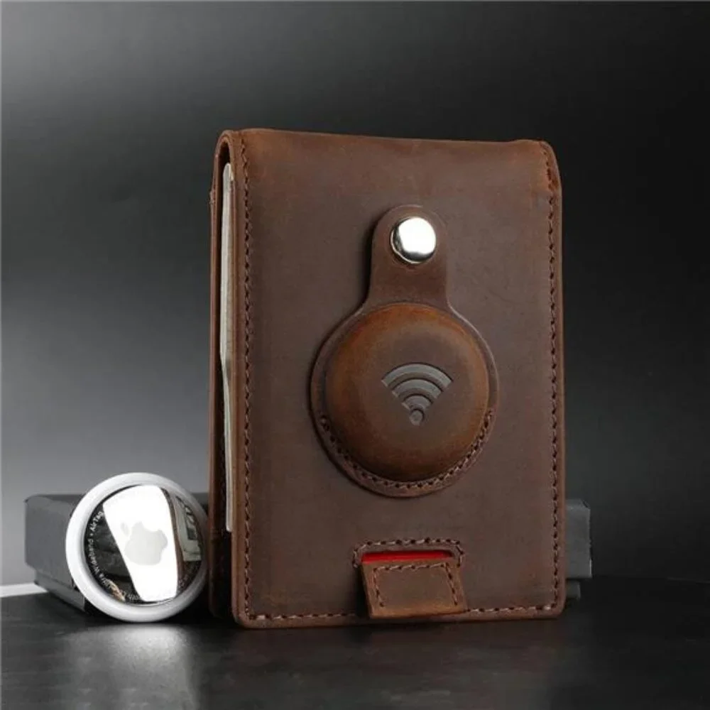 Genuine Leather Airtag Wallet | Credit Card Bifold Wallet for Apple Air Tag GPS